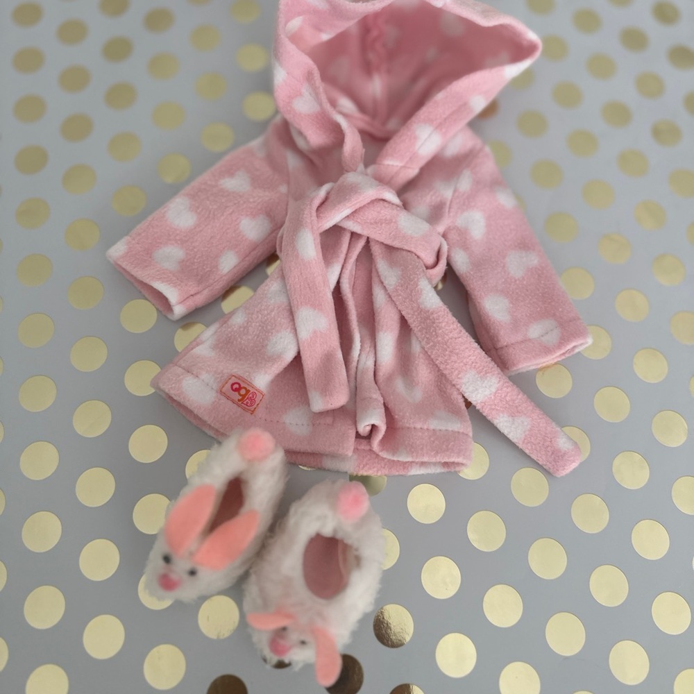 Pink Polka Dot doll Toy Robe and Slippers Set